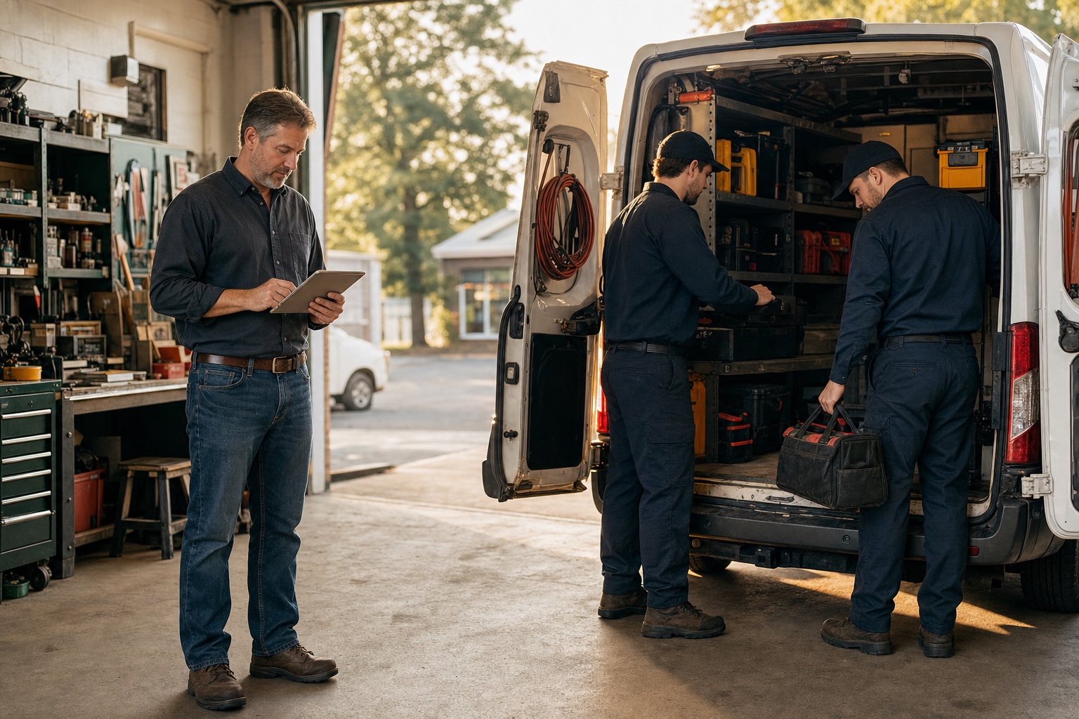 Service business owner checks the day while technicians put tools away