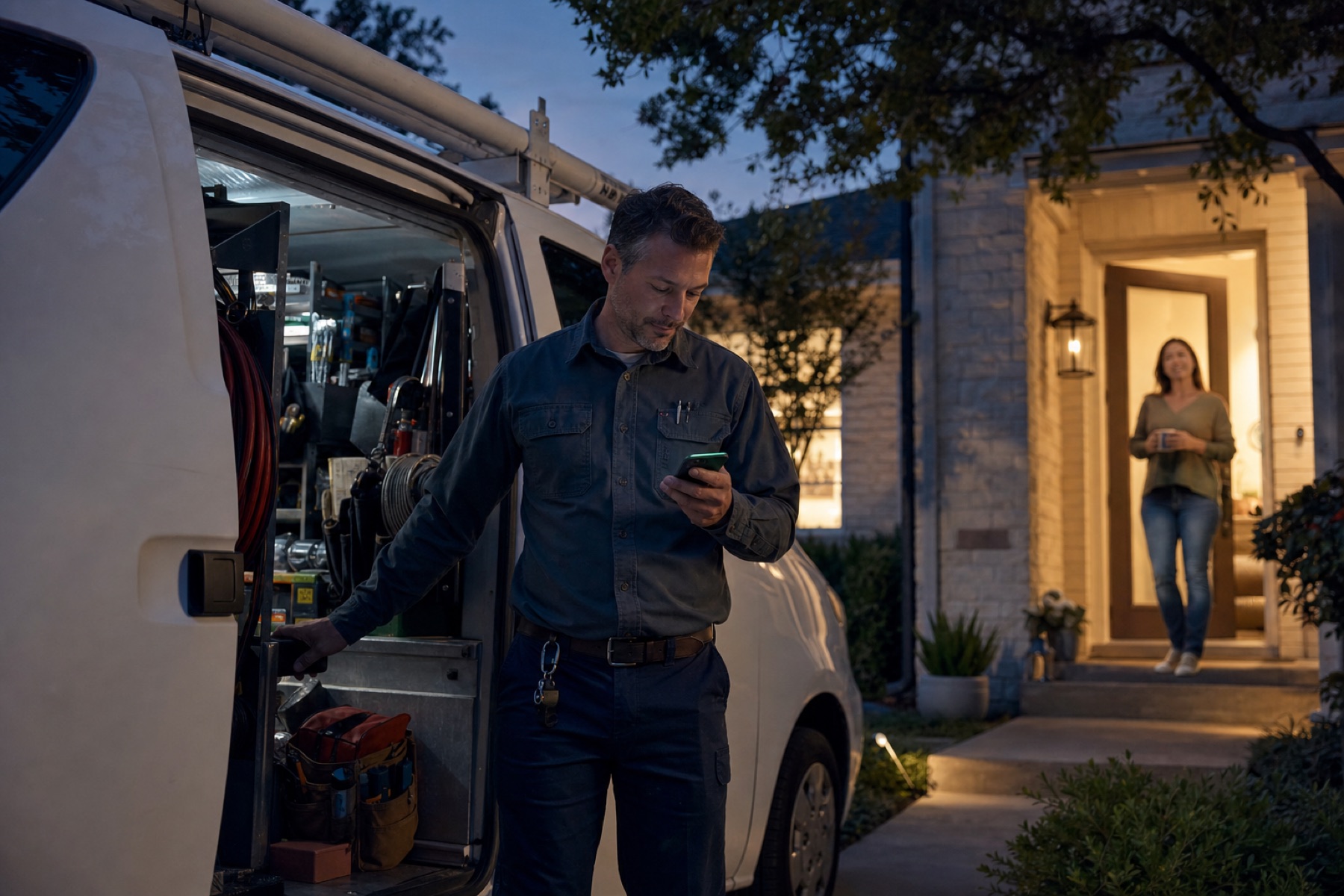 A service technician arriving at a customer home