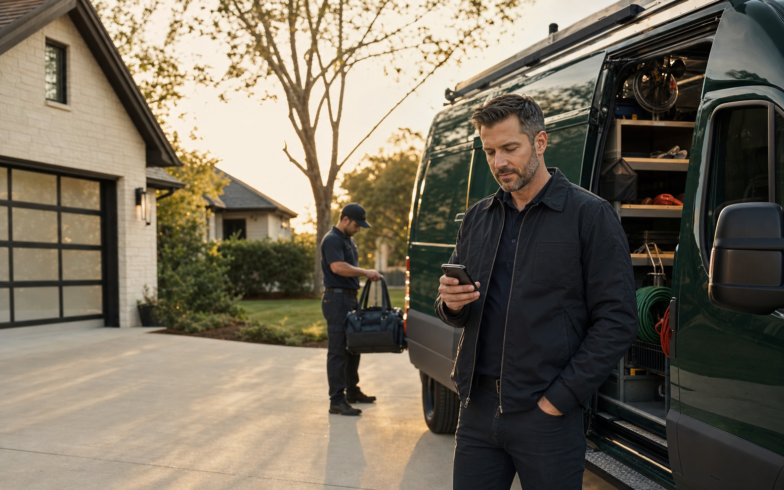 Service business owner beside his service van